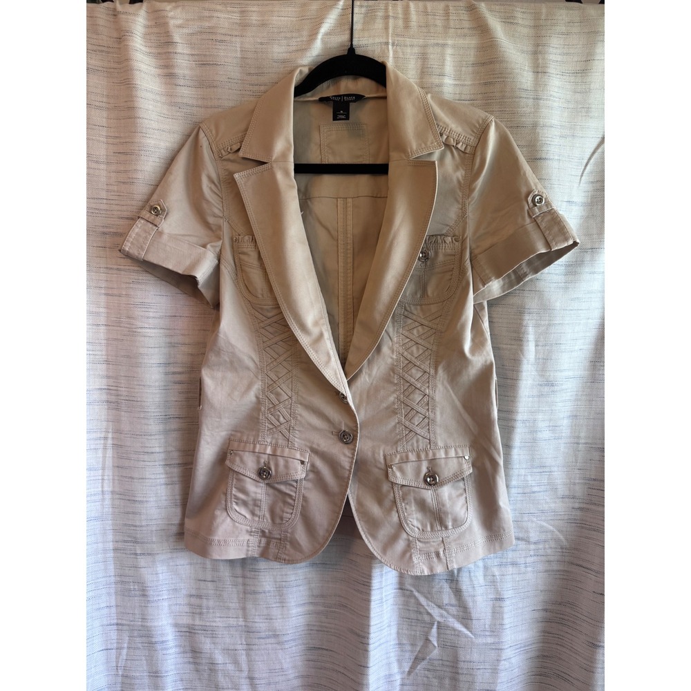White House Black Market Tan Short Sleeve Utility Blazer Jacket Khaki Size 6